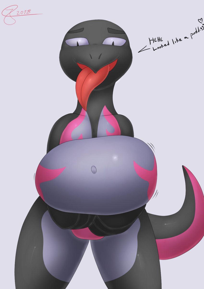 anthro belly belly_jiggle big_belly female hi_res inflation j5furry looking_at_viewer nintendo nude pok&eacute;mon pok&eacute;mon_(species) reptile salazzle scalie simple_background solo tongue tongue_out video_games white_background