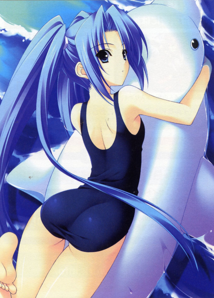 ass barefoot blue_eyes blue_hair feet highres long_hair looking_back one-piece_swimsuit r_g_b school_swimsuit shiki_ai solo suzuhira_hiro swimsuit twintails very_long_hair