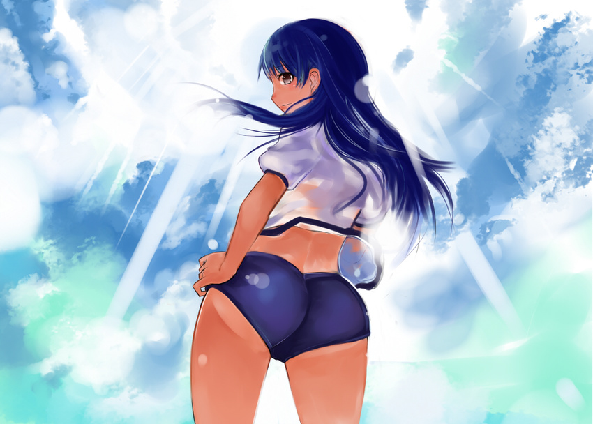 ass blue_hair brown_eyes buruma cloud day from_below gym_uniform hand_on_hip idolmaster idolmaster_(classic) kisaragi_chihaya lens_flare light_rays long_hair looking_at_viewer looking_back nerotarou@seven shirt_tan shorts_tan sky solo sunbeam sunlight tan tanline