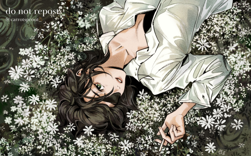 1girl black_hair bra breasts carrotsprout chainsaw_man cigarette collared_shirt daisy eyepatch floral_background flower flower_bed grass green_eyes hair_flowing_over highres himeno_(chainsaw_man) holding holding_cigarette looking_at_viewer lying on_back on_flower shirt short_hair small_breasts solo twitter_username underwear white_shirt