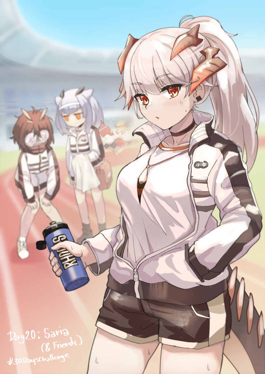 5girls :o alternate_costume arknights black_choker black_shorts blonde_hair blush bottle breasts brown_hair choker collarbone cowboy_shot day dragon_girl dragon_horns dragon_tail earrings exhausted flametail_(arknights) glasses grey_hair hairband hand_in_pocket highres holding holding_bottle horns ifrit_(arknights) jacket jewelry jitome large_breasts long_hair long_sleeves looking_at_viewer multiple_girls necklace open_clothes open_jacket orange_eyes outdoors parted_lips partially_unzipped ponytail ptilopsis_(arknights) red_eyes red_hair running saria_(arknights) shorts silence_(arknights) sleepyowl_(jobkung15) stadium tail track_and_field track_jacket white_hairband white_jacket
