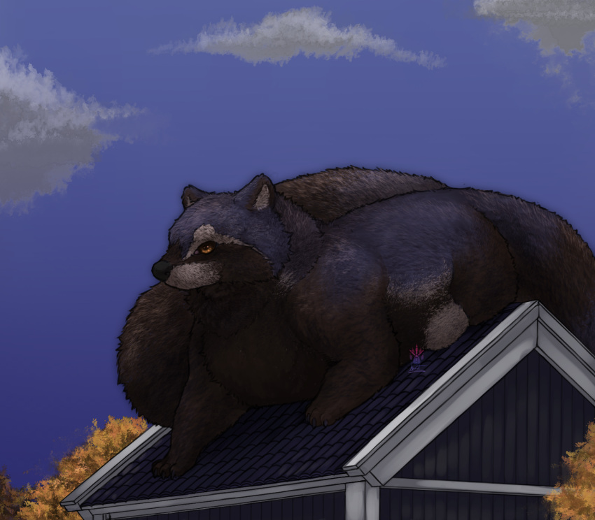 autumn building canid canine cloud feral geno28_(artist) hi_res house hyper male mammal on_roof outside raccoon_dog rooftop sitting solo tagme tanuki watermark zaffre