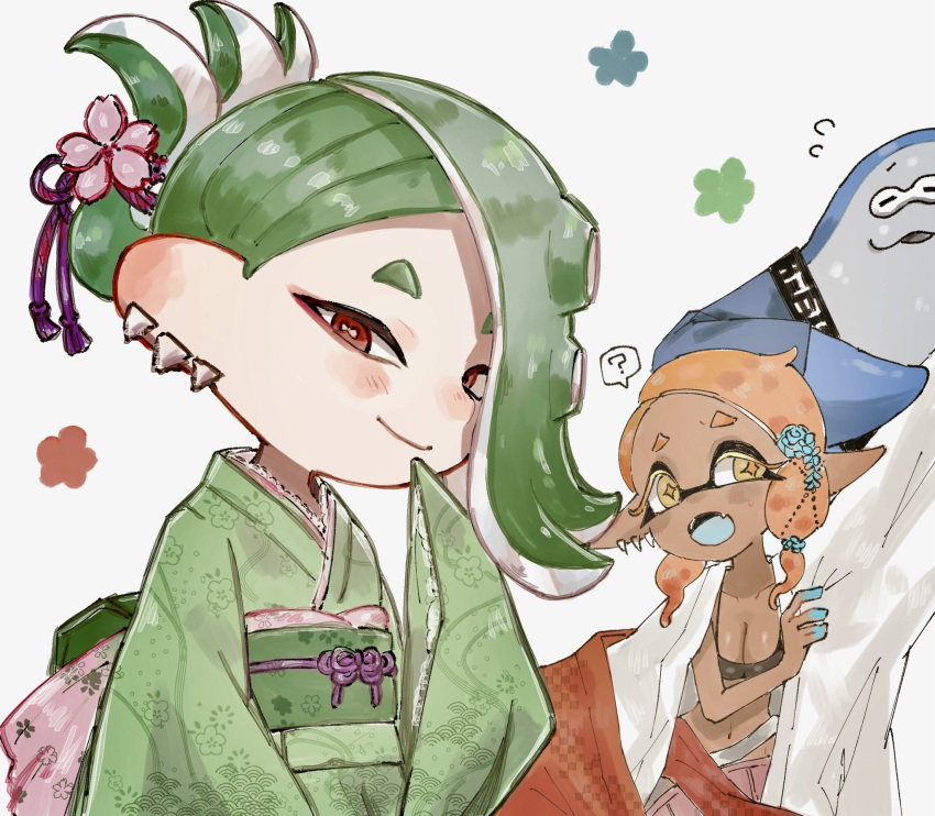 1boy 2girls ? alternate_color alternate_hairstyle big_man_(splatoon) blue_flower blue_skin blue_tongue breasts bright_pupils cephalopod_eyes cherry_blossoms cleavage closed_mouth collarbone colored_eyelashes colored_skin colored_tongue cross-shaped_pupils dark-skinned_female dark_skin earrings eyeliner fang floral_print flower flying_sweatdrops frye_(splatoon) green_hair green_kimono groin hair_flower hair_ornament hair_up highres horizontal_pupils japanese_clothes jewelry kimono long_hair long_sleeves looking_at_viewer makeup manta_ray medium_breasts multicolored_skin multiple_earrings multiple_girls navel obi octarian official_alternate_costume open_mouth orange_hair pink_flower plum0o0 pointy_ears red_eyeliner red_eyes sash shiver_(splatoon) simple_background smile speech_bubble splatoon_(series) splatoon_3 spoken_question_mark suction_cups tentacle_hair two-tone_skin white_background white_pupils wide_sleeves yellow_eyes