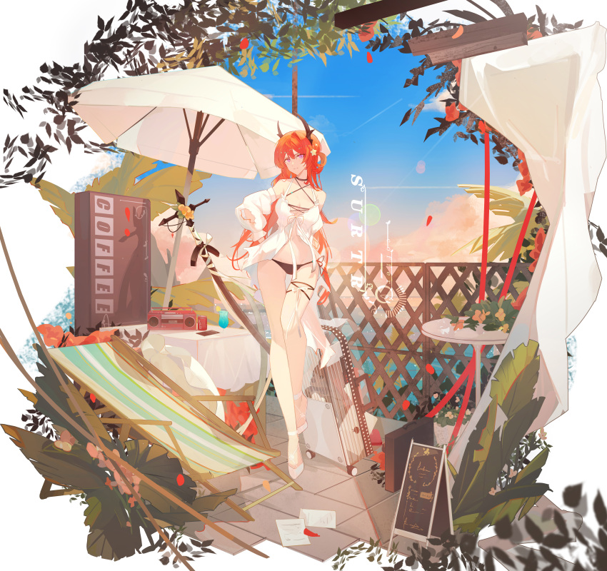 1girl absurdres arknights beach_chair beach_umbrella bikini black_bikini black_choker breasts can character_name choker cleavage closed_mouth cloud commentary cup day demon_girl demon_horns detached_sleeves drinking_glass flower full_body hair_between_eyes hair_ornament hair_rings hand_on_hip highres horns krao leaf light_blush light_smile long_hair looking_at_viewer medium_breasts ocean official_alternate_costume outdoors pink_eyes radio red_flower red_hair shoes sky solo standing star_(symbol) star_hair_ornament suitcase surtr_(arknights) surtr_(colorful_wonderland)_(arknights) swimsuit swimsuit_cover-up table umbrella very_long_hair water white_footwear white_sleeves yellow_flower