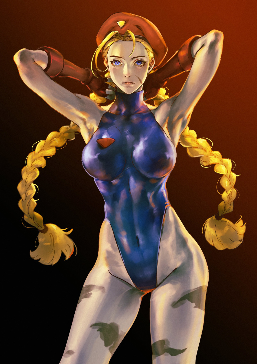 1girl absurdres antenna_hair arms_behind_head beret blonde_hair blue_eyes blue_leotard braid breasts brown_gloves cammy_white camouflage covered_navel covered_nipples cowboy_shot fingerless_gloves gloves gradient gradient_background hat highleg highleg_leotard highres kin_mokusei large_breasts leotard long_hair looking_at_viewer red_background red_headwear scar scar_on_cheek scar_on_face solo street_fighter toned turtleneck_leotard twin_braids