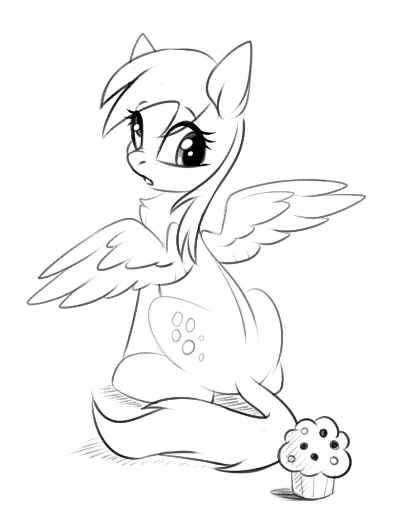 black_and_white chest_tuft cutie_mark derp_eyes derpy_hooves_(mlp) equid equine eyelashes feathered_wings feathers female feral food friendship_is_magic fur greyscale hair hasbro hi_res inktober mammal mane monochrome muffin my_little_pony pegasus simple_background sitting solo spread_wings taneysha tuft white_background wings