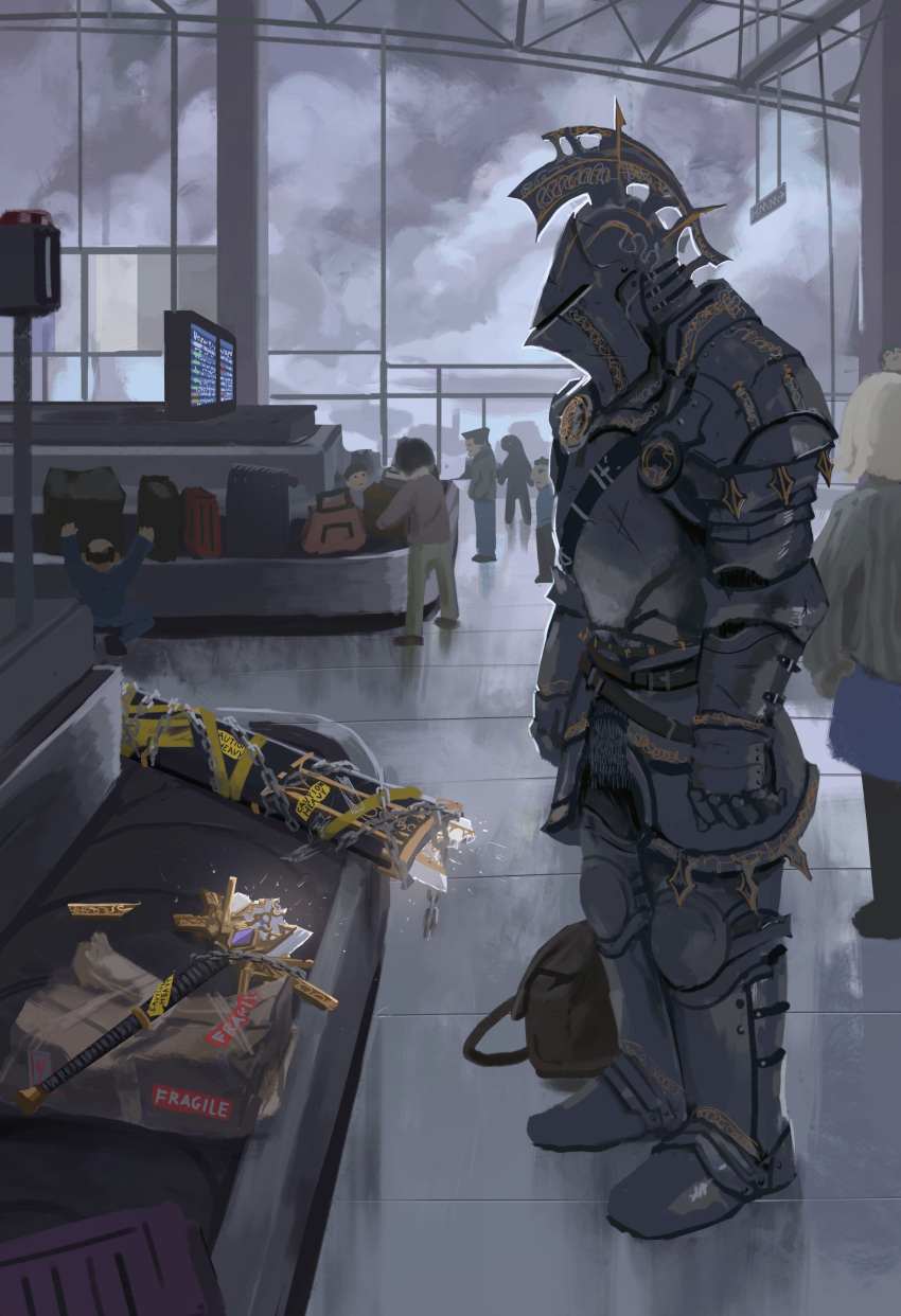 absurdres airport armor bag billowypillow broken broken_weapon chain cloud cloudy_sky conveyor_belt from_behind from_side full_armor helmet highres indoors knight luggage original package sheath sky strap sword tape terminal truth weapon