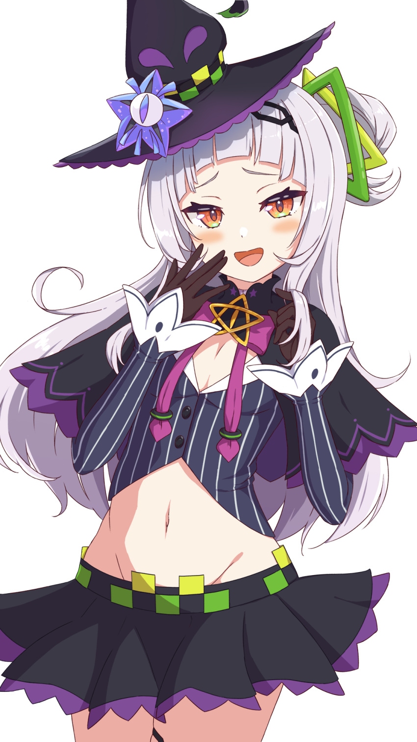1girl bangs black_capelet black_headwear black_skirt blunt_bangs blush bow bowtie capelet chain_hairband covering_mouth cropped_shirt grey_hair grey_shirt groin hachiman_tanuki hair_bun hair_ornament hair_twirling hairband half_updo hand_over_own_mouth hat hexagram_hair_ornament highres hololive long_hair long_sleeves looking_at_viewer lowleg lowleg_skirt microskirt midriff murasaki_shion navel ojou-sama_pose pink_bow pink_bowtie pinstripe_pattern pinstripe_shirt purple_capelet shirt sidelocks simple_background single_side_bun skindentation skirt smirk smug solo striped striped_shirt thigh_strap tilted_headwear vertical-striped_shirt vertical_stripes virtual_youtuber white_background witch witch_hat yellow_eyes