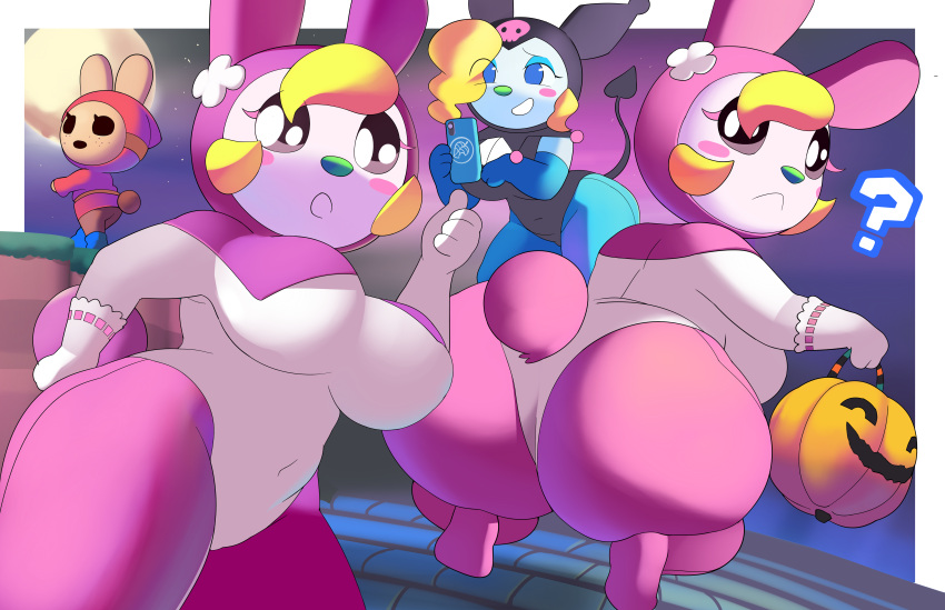 absurd_res aerth animal_crossing anthro big_butt blonde_hair butt chrissy_(animal_crossing) female francine_(animal_crossing) hair halloween hi_res holidays lagomorph leporid mammal moon nintendo question_mark rabbit video_games