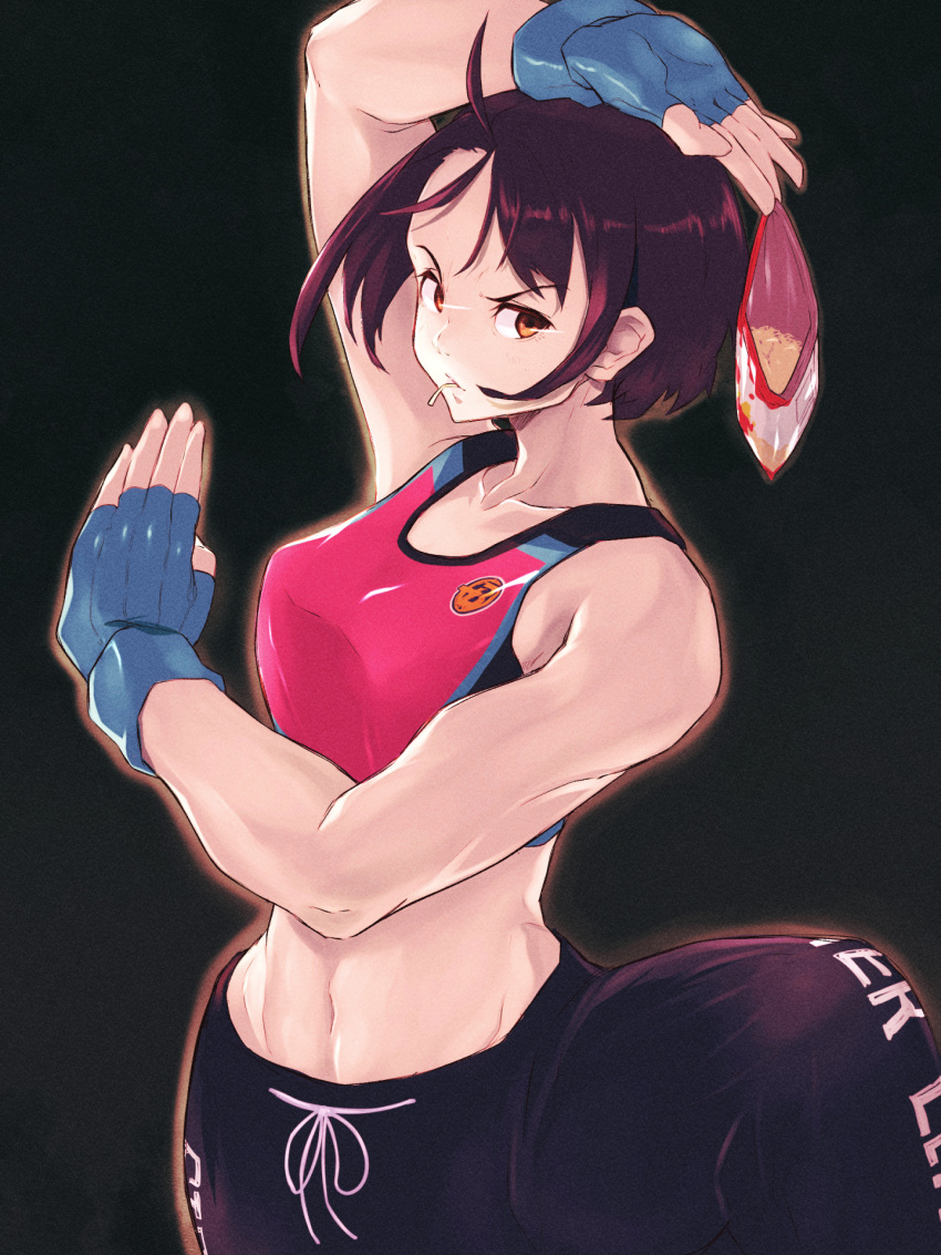 1girl :/ ahoge asymmetrical_bangs asymmetrical_hair aura bag bag_of_chips bangs bare_shoulders between_fingers biceps black_background black_pants blue_gloves bob_cut breasts brown_hair chips_(food) collarbone crop_top eye_trail fighting_stance fingerless_gloves food food_in_mouth from_side gloves highres holding holding_bag justice_gakuen kazama_akira leg_up light_trail looking_to_the_side medium_breasts muscular muscular_female navel open_hands orange_eyes pants patch potato_chips red_hair red_sports_bra serious short_hair sidelocks simple_background solo sports_bra standing standing_on_one_leg stomach street_fighter street_fighter_v track_pants yellow_eyes yuenibushi