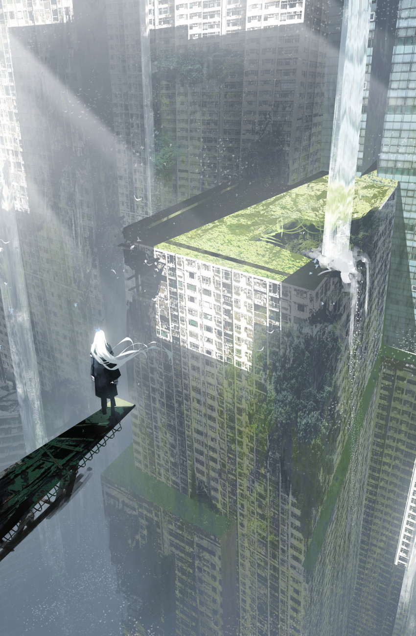 1other abandoned absurdres ambiguous_gender asteroid_ill black_coat black_pants building coat day highres long_hair original outdoors overgrown pants ruins scenery skyscraper solo water waterfall white_hair