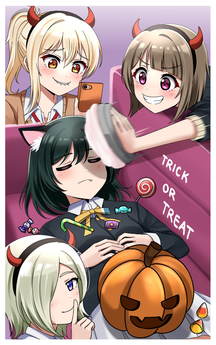 4girls absurdres animal_ears blonde_hair cake candy cellphone closed_eyes couch dark_green_hair demon_horns evil_smile fang food grey_hair halloween highres holding holding_phone horns looking_at_another looking_at_viewer love_live! love_live!_nijigasaki_high_school_idol_club mia_taylor mifune_shioriko miyashita_ai multiple_girls nakasu_kasumi on_couch orange_eyes phone pumpkin purple_eyes red_eyes school_uniform ska.harumi sleeping smartphone smile teeth trick_or_treat upper_teeth