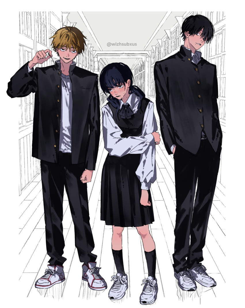 1girl 2boys bisou black_dress black_hair black_jacket black_pants black_ribbon black_socks blush chainsaw_man collared_shirt denji_(chainsaw_man) dress full_body gakuran hair_over_one_eye hallway hands_in_pockets highres holding_own_arm jacket long_hair looking_at_viewer looking_to_the_side mitaka_asa mole mole_under_mouth multiple_boys nervous open_clothes pants pinafore_dress ribbon school_uniform shirt short_hair sideways_glance simple_background smile socks spiked_hair standing string_pull sweat twintails twitter_username unbuttoned white_background white_footwear white_shirt yoshida_hirofumi