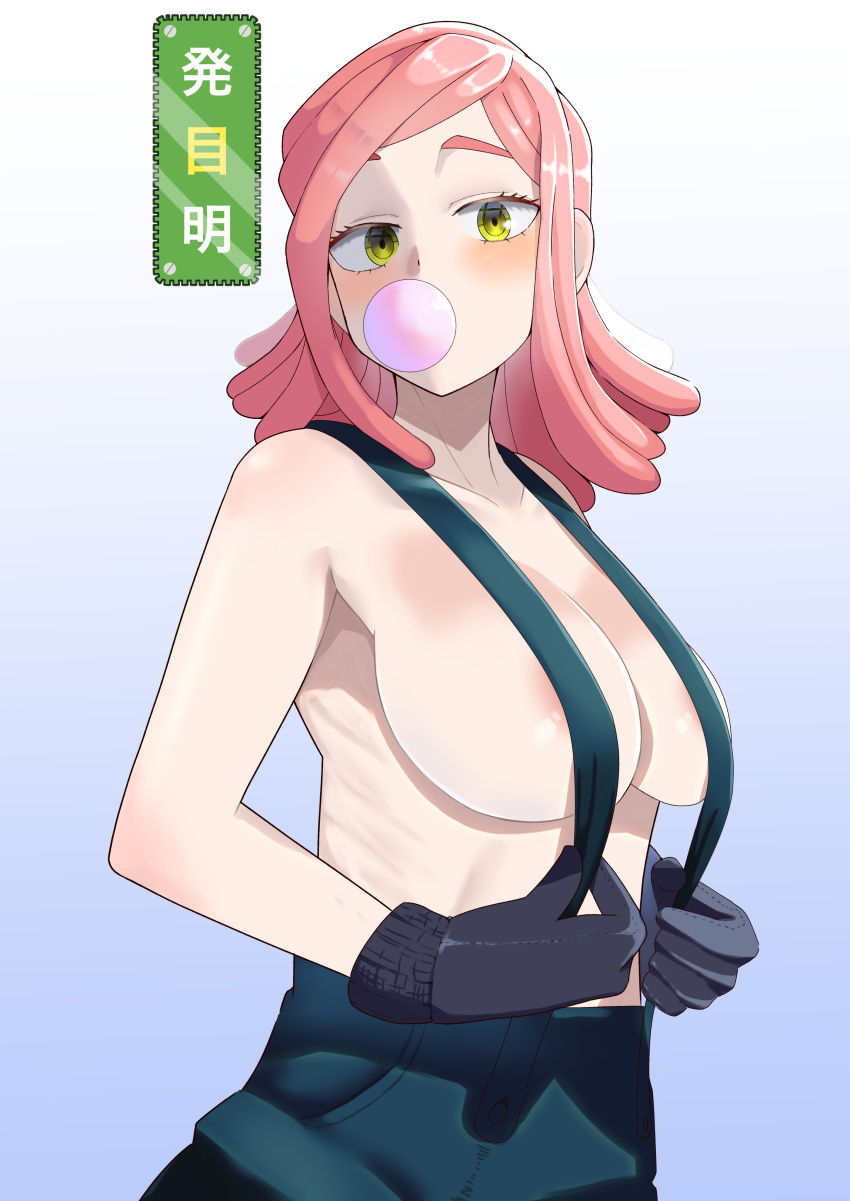 1girl absurdres areola_slip black_gloves blue_background blue_pants boku_no_hero_academia breasts character_name chewing_gum gloves gradient gradient_background hatsume_mei highres holding_strap large_breasts medium_hair naked_overalls overalls pants pink_hair shita_(yagisauce_07) solo upper_body yellow_eyes