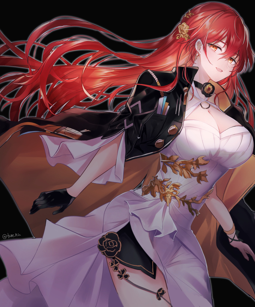 1girl bangs black_background black_gloves black_jacket breasts cleavage commentary_request cowboy_shot dress gloves hair_between_eyes highres himeko_(honkai:_star_rail) jacket jewelry large_breasts long_hair looking_at_viewer open_mouth red_eyes red_hair simple_background single_glove smile solo standing tare_(tonikaku_magaru) twitter_username white_dress