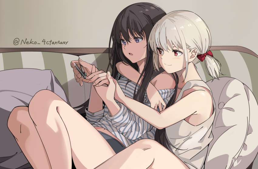 2girls bangs bare_arms bare_legs black_hair bow couch grey_hair hair_between_eyes hair_bow hand_grab inoue_takina knees_up long_hair long_sleeves lycoris_recoil multiple_girls nail_clippers neko_(yanshoujie) nishikigi_chisato on_couch open_mouth purple_eyes red_bow red_eyes shirt short_hair sitting sleeveless sleeveless_shirt smile striped striped_shirt twitter_username white_shirt yuri