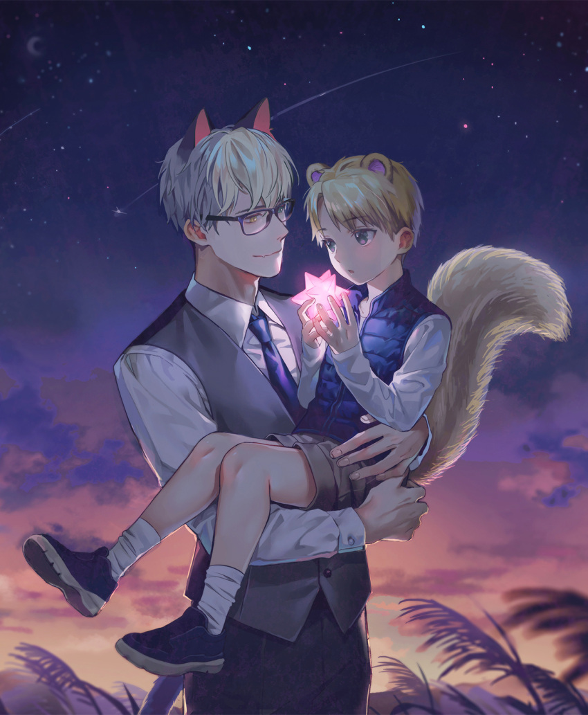 2boys animal_crossing animal_ears bangs blonde_hair blue_necktie blush cat_boy cat_ears commentary glasses green_eyes heterochromia highres lino_chang long_sleeves looking_at_viewer male_focus marshal_(animal_crossing) multiple_boys necktie night night_sky personification raymond_(animal_crossing) shirt sky squirrel_ears thick_eyebrows vest white_shirt