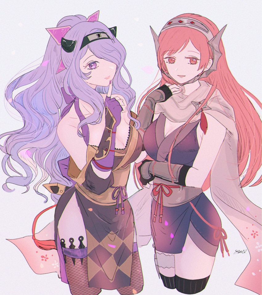 2girls bangs bare_shoulders black_gloves breasts camilla_(fire_emblem) cape cherche_(fire_emblem) cleavage collarbone d_kenpis finger_to_mouth fingerless_gloves fire_emblem fire_emblem_awakening fire_emblem_fates fire_emblem_heroes fishnet_pantyhose fishnets floral_print gloves hair_over_one_eye headband highres kunai large_breasts long_hair medium_breasts multiple_girls nail_polish ninja official_alternate_costume official_alternate_hairstyle pantyhose parted_bangs parted_lips pelvic_curtain ponytail purple_eyes purple_hair purple_nails red_eyes red_hair shuriken_hair_ornament sidelocks weapon wrist_guards