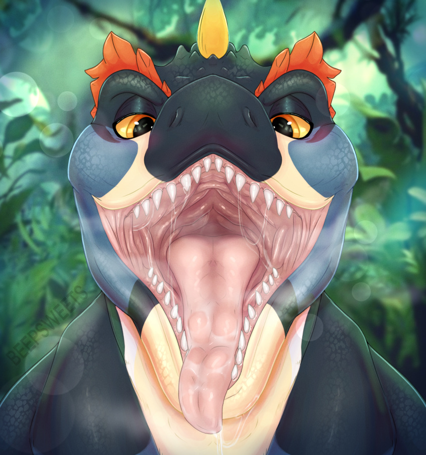 absurd_res allosaurid allosaurus beepsweets blue_body bodily_fluids dakota_(tartii) digital_media_(artwork) dinosaur female feral feral_pred forest forest_background hi_res looking_at_viewer mouth_shot nature nature_background open_mouth pink_tongue plant reptile saliva saliva_on_tongue scales scalie sharp_teeth smile solo teeth theropod tongue tongue_out tree vore