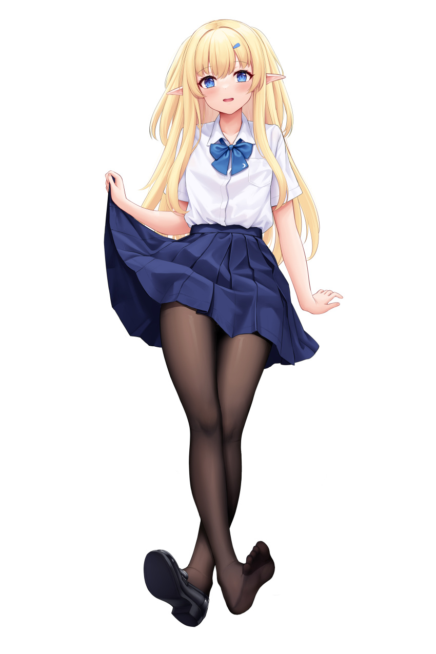 1girl absurdres allenes bangs black_footwear blonde_hair blue_bow blue_bowtie blue_eyes blue_skirt blush bow bowtie brown_pantyhose collared_shirt crossed_ankles elf feet full_body hair_ornament hairclip highres legs long_hair looking_at_viewer no_shoes open_mouth original pantyhose pleated_skirt pointy_ears school_uniform shirt shoes short_sleeves simple_background single_shoe skirt skirt_hold smile soles solo toes very_long_hair white_background white_shirt