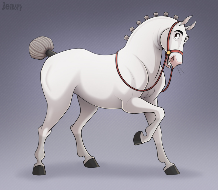 altivo black_eyes black_hooves braided_mane braided_tail equid equine feral grey_background grey_tail harness hooves horse jenery looking_at_viewer male mammal raised_hoof raised_leg signature simple_background solo the_road_to_el_dorado white_body