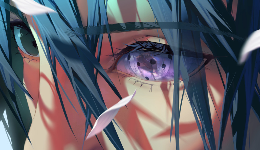 1boy 1girl black_hair cherry_blossoms eye_focus eye_reflection hair_between_eyes hair_over_eyes haruno_sakura heterochromia highres lilithbloody long_eyebrows long_eyelashes looking_at_another naruto naruto_(series) petals reflection rinnegan uchiha_sasuke