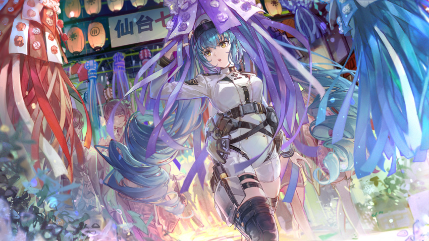 1girl blue_hair breasts csyday curvy festival goddess_of_victory:_nikke hand_up hat large_breasts long_hair military military_hat military_uniform multiple_girls official_art privaty_(nikke) thick_thighs thighhighs thighs twintails uniform walking wide_hips yellow_eyes