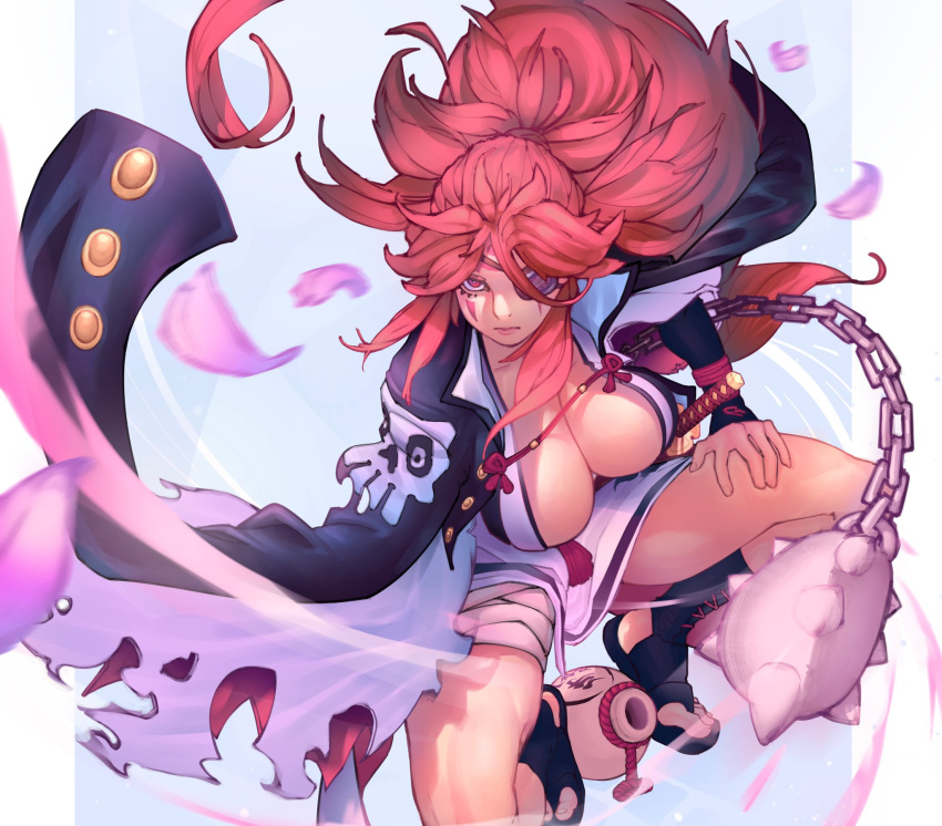 1girl baiken bandaged_leg bandages bangs black_kimono blue_background breasts bumdraws chainsaw_man cleavage eyepatch facial_tattoo falling_petals fighting_stance full_body guilty_gear guilty_gear_strive hair_between_eyes hand_on_own_thigh highres japanese_clothes jug kimono large_breasts long_hair one-eyed petals pillarboxed red_eyes red_hair sandals scar scar_across_eye sidelocks solo tassel tattoo thighs torn_clothes torn_kimono two-tone_kimono white_kimono wide_ponytail