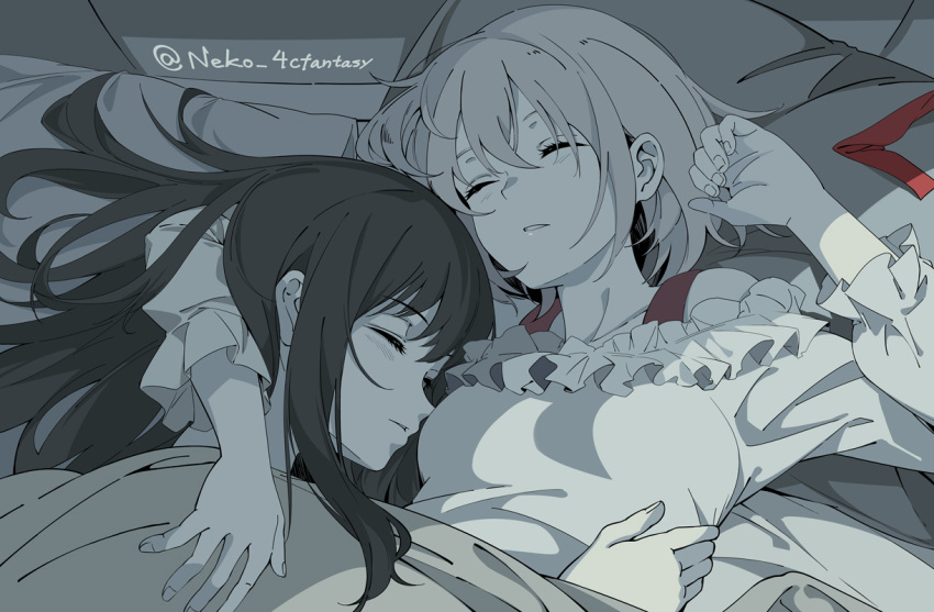 2girls arm_around_neck bangs breasts closed_eyes hair_between_eyes inoue_takina long_hair long_sleeves lycoris_recoil lying multiple_girls neko_(yanshoujie) nishikigi_chisato on_back on_bed one_side_up parted_lips pillow short_hair sleeping spot_color twitter_username under_covers upper_body yuri