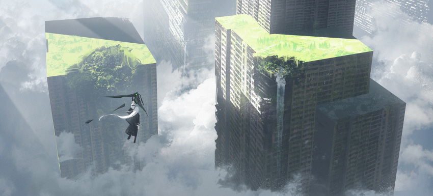 1other abandoned ambiguous_gender asteroid_ill black_coat black_pants building cloud coat day drone flying highres long_hair midair original outdoors overgrown pants robot ruins scenery science_fiction skyscraper solo white_hair