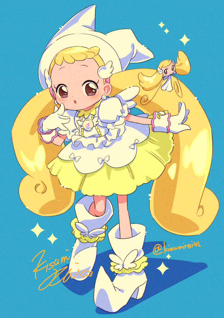 1girl absurdres blonde_hair boots dress earrings full_body gloves hair_bobbles hair_ornament hat highres jewelry kisumi_rei long_hair magical_girl makihatayama_hana ojamajo_doremi pointy_footwear pointy_hat puffy_short_sleeves puffy_sleeves short_sleeves solo toto_(ojamajo_doremi) twintails wings