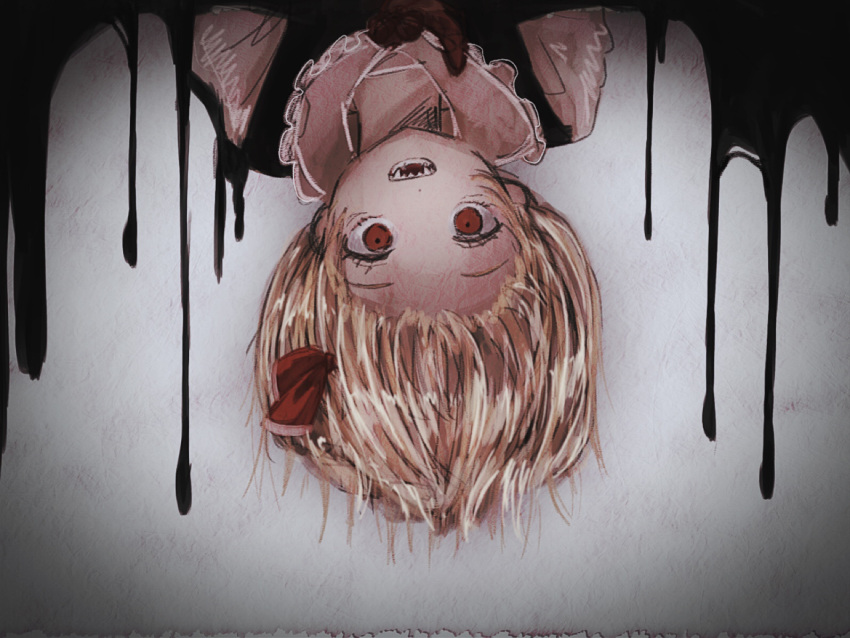 1girl black_vest blonde_hair dripping fleuriste looking_at_viewer open_mouth red_eyes rumia sharp_teeth shirt short_hair simple_background solo teeth touhou upper_body upside-down vest white_background white_shirt