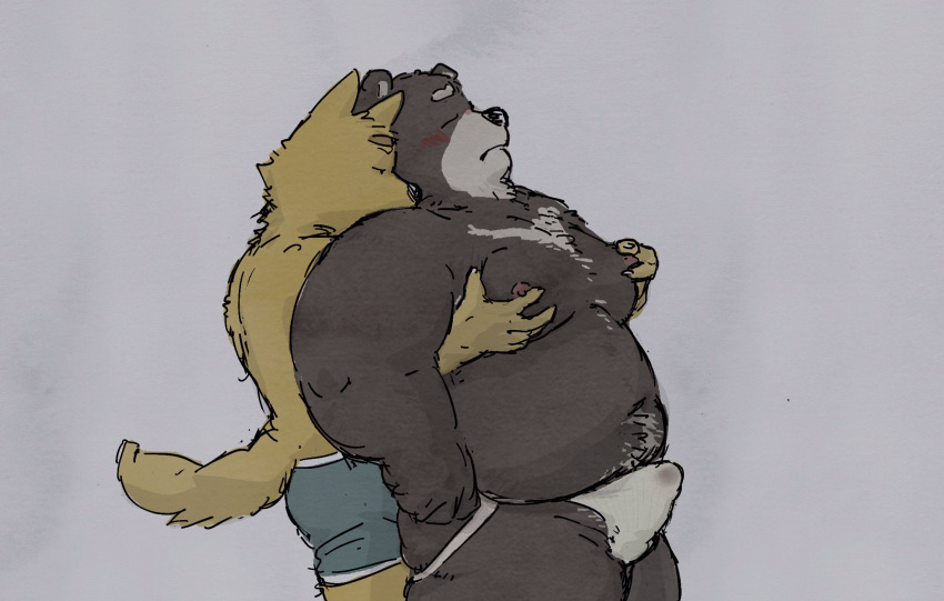 2022 anthro blush bulge canid canine canis clothed clothing domestic_dog duo embrace erection erection_under_clothing eyes_closed groping_from_behind hi_res hug hugging_from_behind jockstrap kemono male male/male mammal moob_grab moobs nipples overweight overweight_male pommn_mn underwear ursid