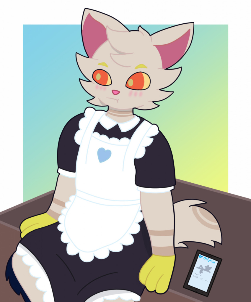 &lt;3 2022 anthro blush blush_lines cellphone clothed clothing felid feline fernando_85 fur gloves green_pupils handwear hi_res maid_uniform mammal mouth_closed phone pupils red_eyes sitting smartphone solo uniform yellow_sclera