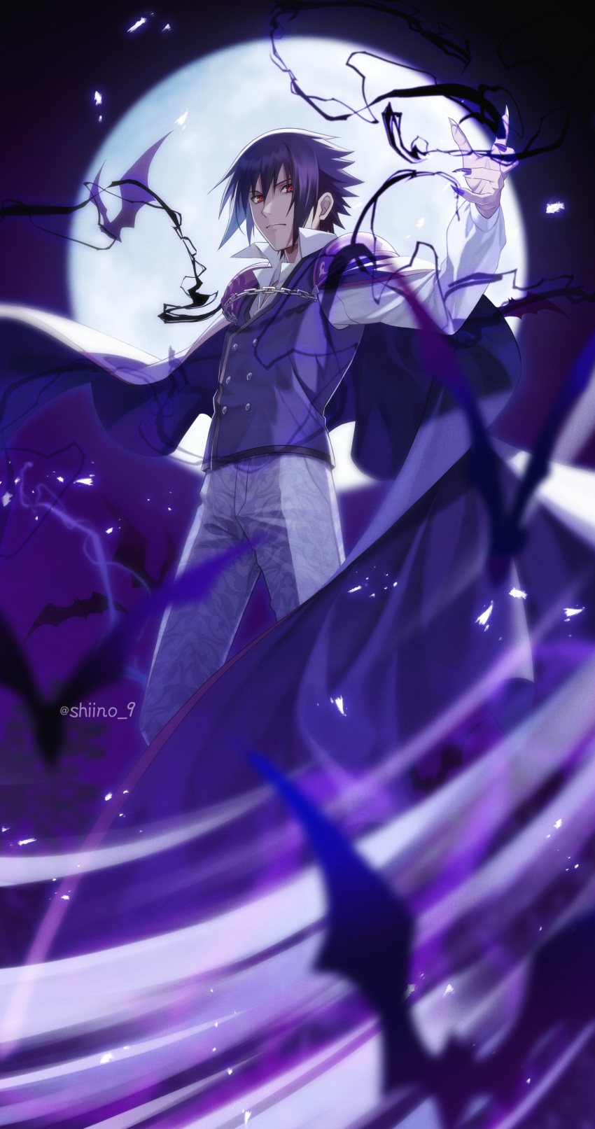 1boy absurdres alternate_costume bat_(animal) blue_cape blue_hair blue_nails blurry blurry_foreground cape chain claws closed_mouth collared_shirt fingernails full_body full_moon grey_pants hair_between_eyes halloween highres long_fingernails looking_at_viewer male_focus moon naruto_(series) open_collar pants print_pants purple_theme sharingan sharp_fingernails shiino_9 shirt short_hair solo spiked_hair twitter_username two-sided_cape two-sided_fabric uchiha_sasuke vampire waistcoat white_cape white_shirt