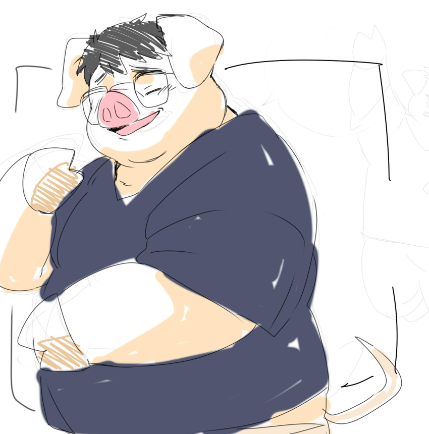 2022 anthro clothing domestic_pig eyes_closed eyewear glasses hi_res inunoshippo kemono male mammal overweight overweight_male shirt solo suid suina sus_(pig) topwear