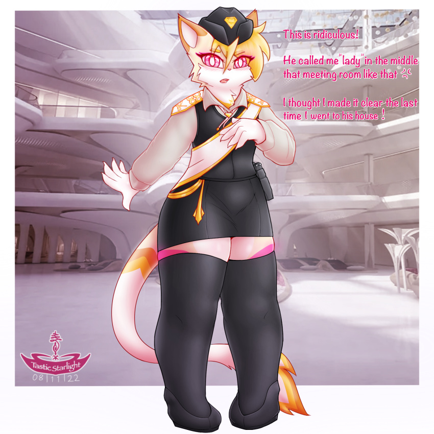 absolute_territory angry anthro blonde_hair blush bottomwear clothed clothing dialogue digital_media_(artwork) domestic_cat english_text felid feline felis fur girly hair hi_res male mammal military_uniform open_mouth photo_background pink_eyes shaded skirt solo talia_(tasticstarlight) tasticstarlight teeth text thick_thighs uniform wide_hips