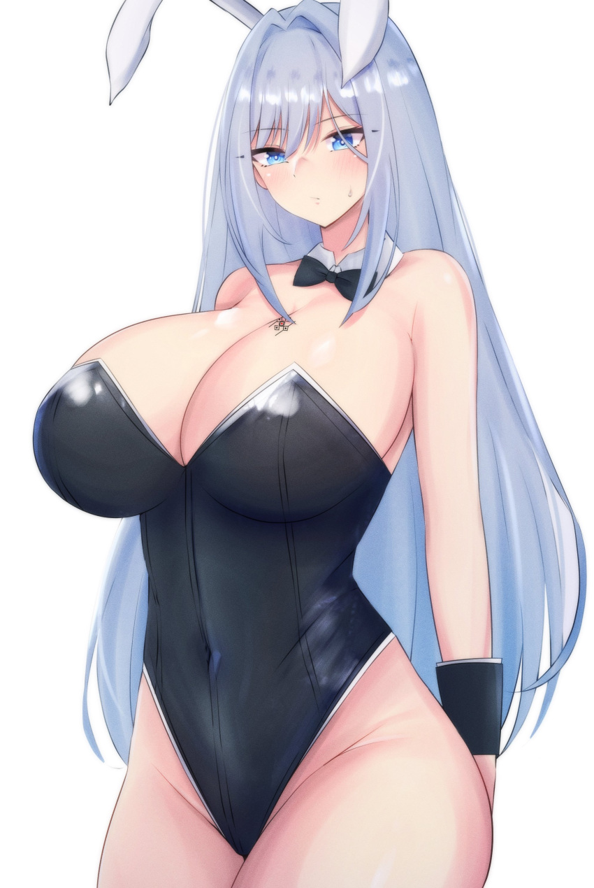 1girl absurdres animal_ears bare_shoulders blue_eyes blush bow bowtie breast_tattoo breasts covered_navel ethel_(xenoblade) fake_animal_ears grey_hair highres huge_breasts latte long_hair playboy_bunny rabbit_ears simple_background solo sweatdrop tattoo upper_body very_long_hair white_background wrist_cuffs xenoblade_chronicles_(series) xenoblade_chronicles_3