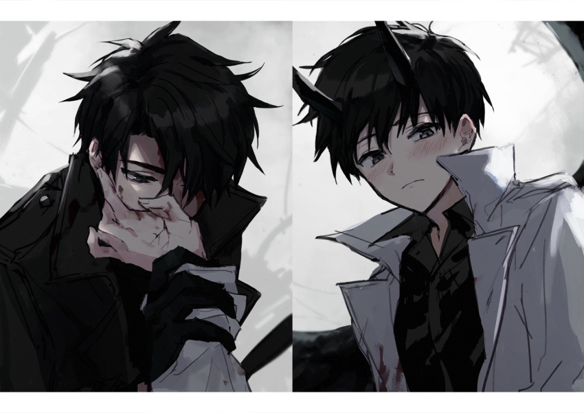 2boys bangs black_gloves black_hair black_horns black_jacket black_shirt blood blood_on_face blood_on_hands blush closed_mouth collared_shirt covering_mouth frown gloves grey_background grey_eyes hair_over_one_eye hand_on_another's_face highres holding_another's_wrist horns jacket kim_dokja letterboxed long_sleeves looking_at_viewer male_focus multiple_boys mya2_8 omniscient_reader's_viewpoint open_clothes open_jacket shirt short_hair white_jacket yoo_joonghyuk
