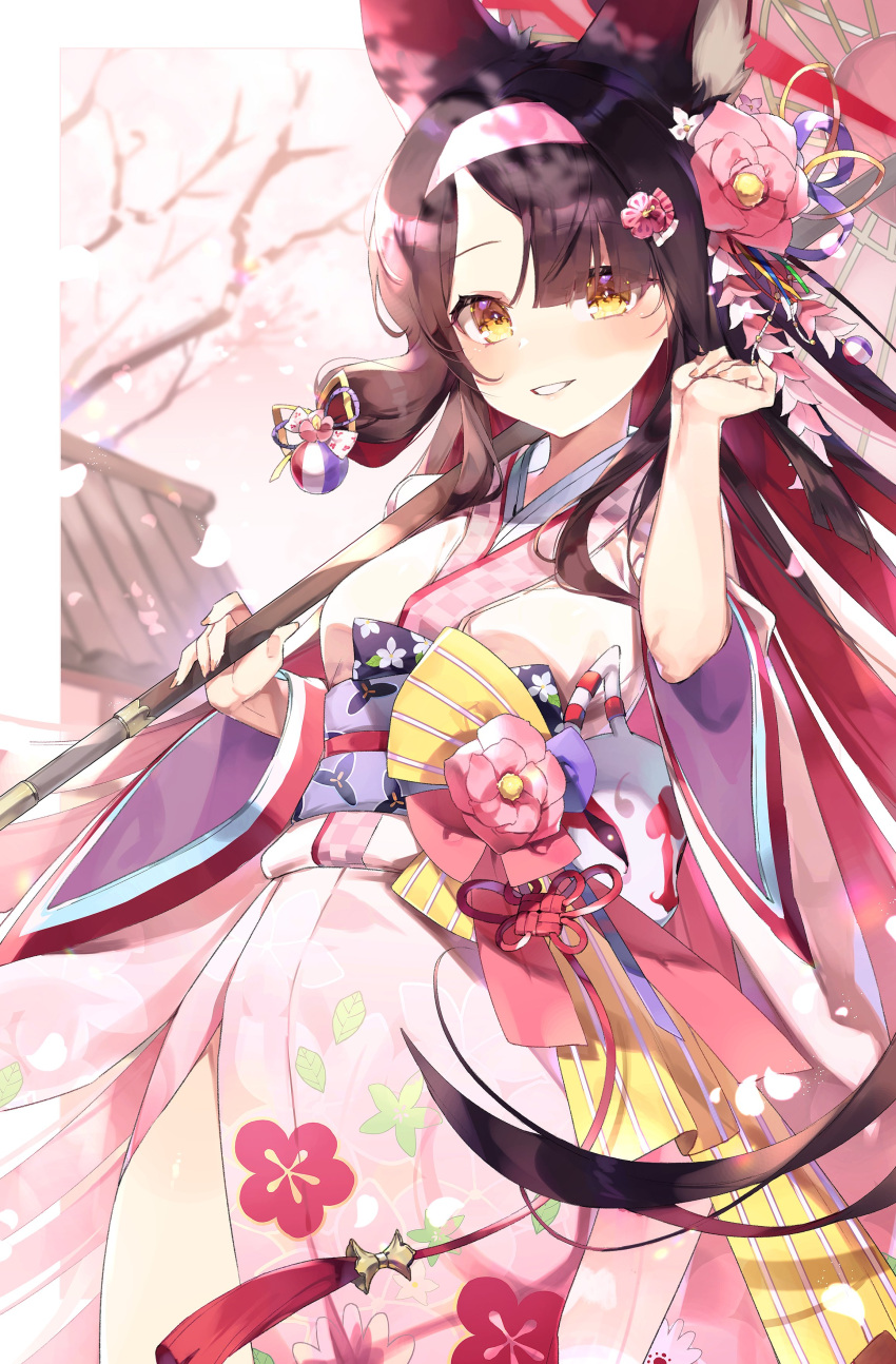 1girl :d absurdres animal_ears bangs black_hair blue_archive blunt_bangs cherry_blossoms commentary_request falling_petals fox_ears fox_girl fox_mask gradient_hair hair_ornament hairband highres holding holding_umbrella japanese_clothes kimono long_hair long_sleeves looking_at_viewer mask meunhongcha multicolored_hair obi obiage official_alternate_costume oil-paper_umbrella parted_bangs petals sash sidelocks smile solo two-tone_hair umbrella wakamo_(blue_archive) yellow_eyes