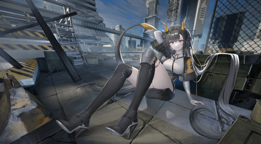 1girl absurdres arknights arknights:_endfield arm_up bangs black_hair boots breasts building chain-link_fence commentary dragon_girl dragon_horns dragon_tail endfield_dragon_girl_(arknights) fence full_body high_heels highres horns jacket ladder long_hair looking_at_viewer medium_breasts open_clothes open_jacket purple_eyes shirt sitting skirt sky smile soho_(user_dphk5745) solo tail thigh_boots thighs twintails yellow_horns