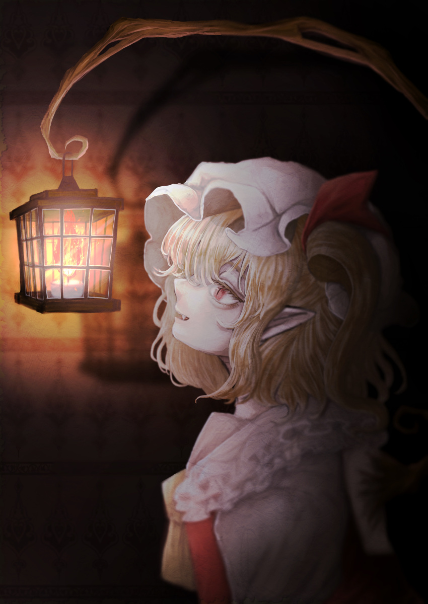 1girl absurdres ascot blonde_hair breasts candlelight dark_background fang flandre_scarlet fleuriste frilled_shirt_collar frills from_side hat highres lantern lit_candle looking_at_object medium_hair mob_cap open_mouth pointy_ears red_eyes red_vest shirt small_breasts solo touhou upper_body vest white_headwear white_shirt yellow_ascot