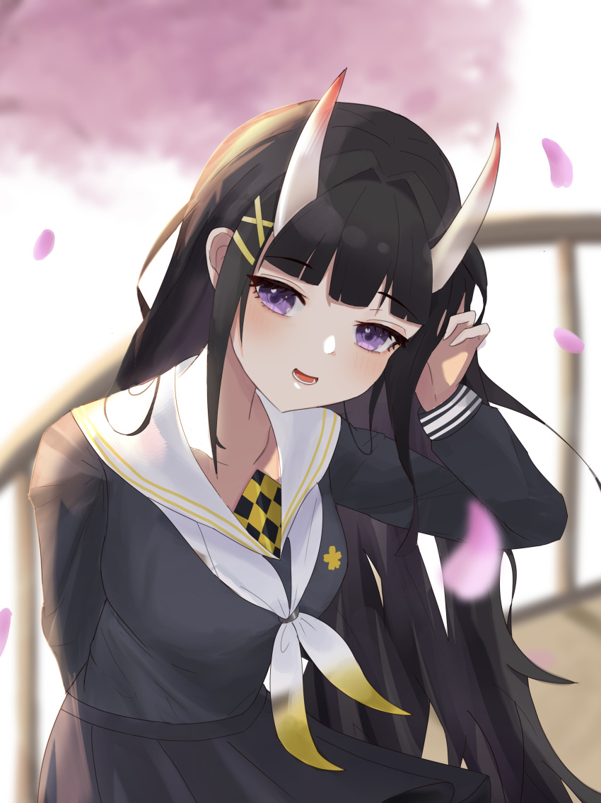 1girl absurdres azur_lane black_hair blurry blurry_background breasts cherry_blossoms collarbone falling_petals hair_ribbon hand_in_own_hair highres hoangryu horns noshiro_(azur_lane) oni_horns open_mouth petals purple_eyes ribbon school_uniform