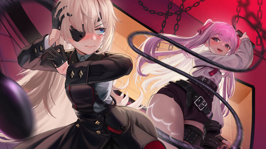 2girls biting black_dress black_gloves black_shorts blonde_hair blue_eyes blush buttons chain closed_mouth commentary_request double-breasted dress dutch_angle embarrassed eyepatch fingerless_gloves from_below gloves goddess_of_victory:_nikke guillotine_(nikke) hair_ribbon half_gloves heart heart-shaped_pupils holding holding_whip leather_belt lip_biting long_hair long_sleeves looking_at_another mole mole_under_mouth multiple_girls necktie open_mouth pink_hair red_necktie red_ribbon ribbon shirt short_shorts shorts smile symbol-shaped_pupils teeth thigh_strap thighs torriet two_side_up upper_teeth very_long_hair wavy_mouth whip whipping white_shirt yuni_(nikke)