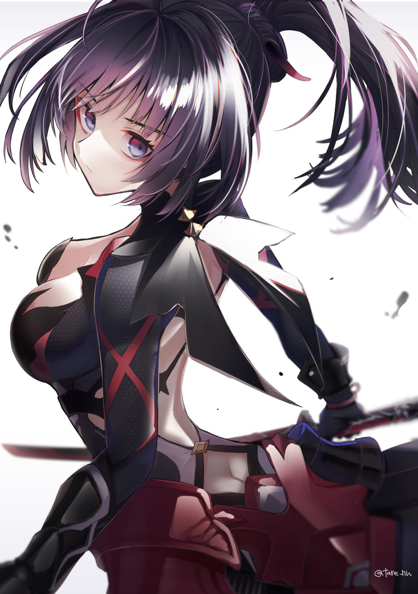 1girl absurdres armor armored_dress bangs bare_shoulders breasts closed_mouth commentary_request cowboy_shot expressionless from_side hair_between_eyes hair_ornament highres holding holding_sword holding_weapon honkai_(series) honkai_impact_3rd long_hair looking_at_viewer looking_to_the_side ponytail purple_eyes purple_hair raiden_mei raiden_mei_(danzai_spectramancer) simple_background solo standing sword tare_(tonikaku_magaru) twitter_username weapon white_background