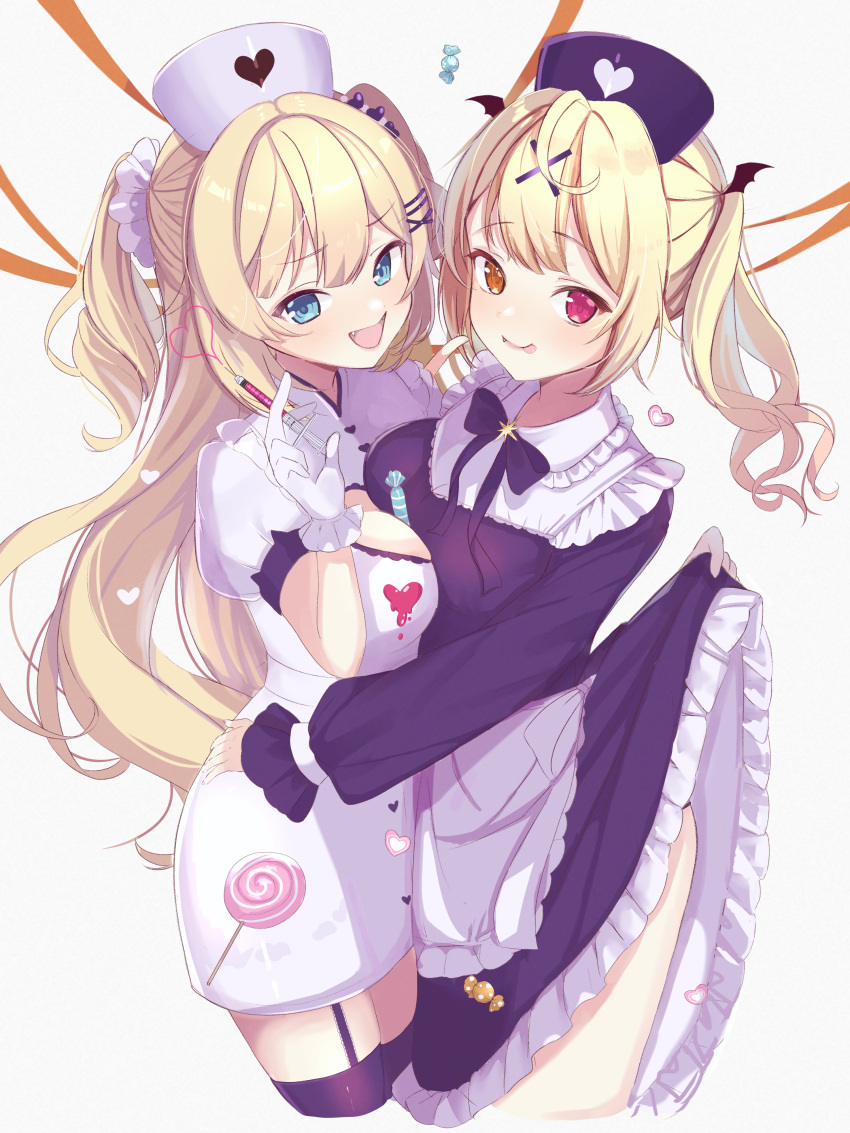 2girls absurdres akai_haato ass assisted_exposure asymmetrical_docking bangs between_breasts black_bow black_dress black_panties black_thighhighs blonde_hair blue_eyes bow breast_press breasts candy closed_mouth clothes_lift dress dress_lift fang food frilled_dress frills garter_straps hair_ornament hair_scrunchie halloween_costume hat heart highres hololive hoshikawa_sara hug large_breasts lollipop long_hair long_sleeves looking_at_viewer maid multiple_girls nijisanji nurse nurse_cap oguraponti open_mouth orange_eyes panties puffy_long_sleeves puffy_short_sleeves puffy_sleeves red_eyes scrunchie short_dress short_sleeves smile syringe thighhighs twintails two_side_up underwear very_long_hair virtual_youtuber white_dress x_hair_ornament zettai_ryouiki