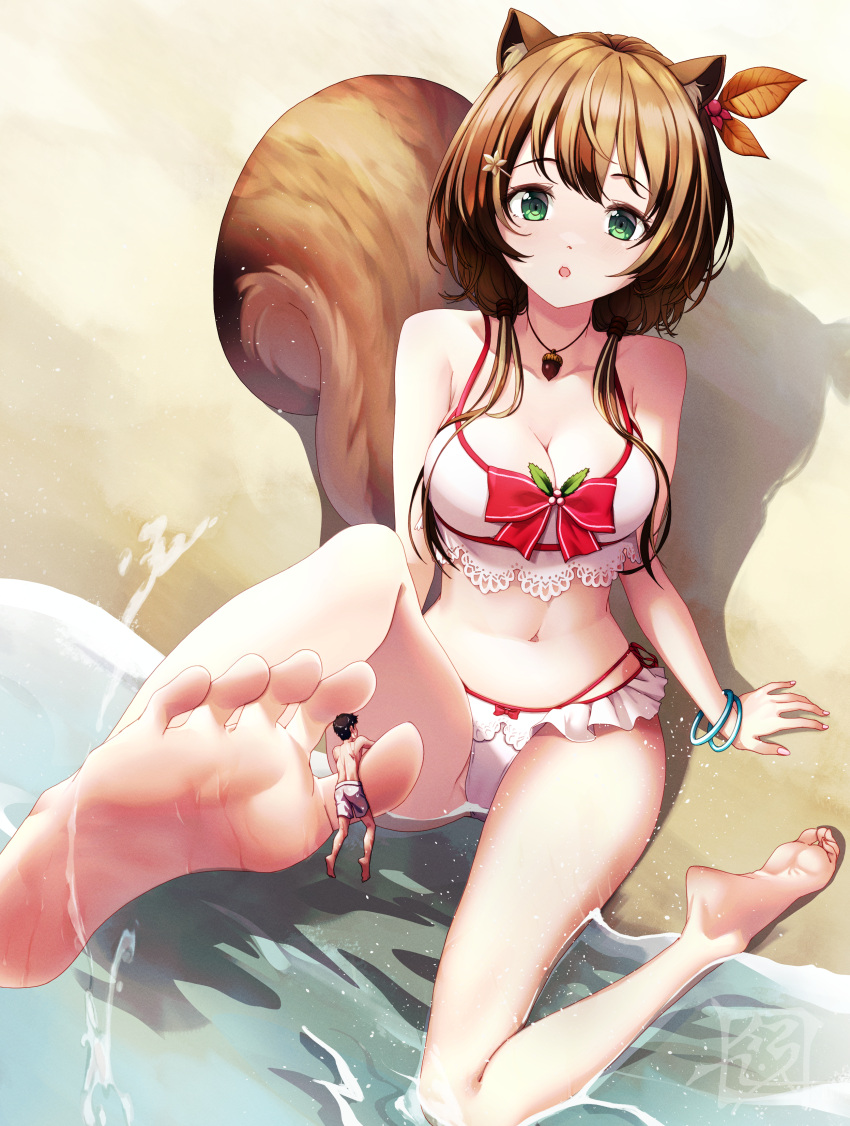 1boy 1girl absurdres acorn animal_ear_fluff animal_ears arm_support armpit_crease ayunda_risu bangs barefoot beach bikini blush bracelet breasts collarbone feet foot_focus foot_up foreshortening frilled_bikini frills full_body green_eyes hair_ornament highres hololive hololive_indonesia jewelry lace_trim large_breasts leaning_back legs long_hair midriff miniboy navel necklace open_mouth outdoors red_ribbon ribbon shadow shiny shiny_hair shiny_skin sidelocks sitting soles squirrel_ears squirrel_girl squirrel_tail suryua swept_bangs swimsuit tail thighs toes virtual_youtuber water white_bikini