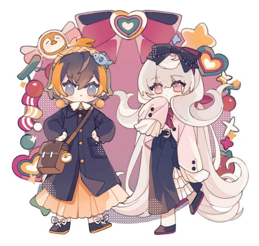 2girls alternate_costume bag bangs black_footwear black_hair black_jacket black_skirt blue_eyes deformed fish_hair_ornament grey_hair hair_between_eyes hair_ornament handbag hands_on_hips highres jacket long_hair multicolored_hair multiple_girls nijisanji nijisanji_en orange_hair orange_skirt petra_gurin pink_eyes pink_jacket reimu_endou shoes short_hair skirt sleeves_past_fingers sleeves_past_wrists star_(symbol) streaked_hair very_long_hair virtual_youtuber white_skirt yuyu_(yubuchimao)