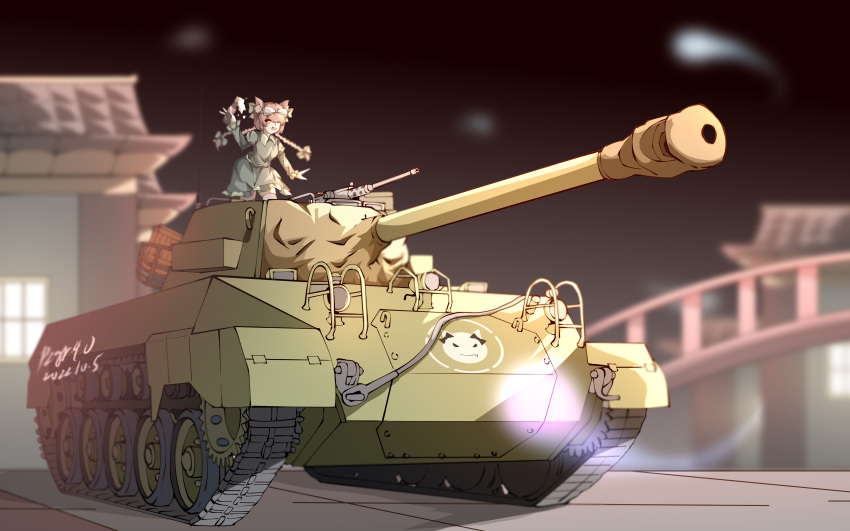 1girl absurdres animal_ears artist_name bow braid browning_m2 dated dress green_dress ground_vehicle highres kaenbyou_rin lens_flare long_hair m18_hellcat military military_vehicle motor_vehicle open_mouth pzgr.40 red_eyes red_hair solo tank touhou twin_braids