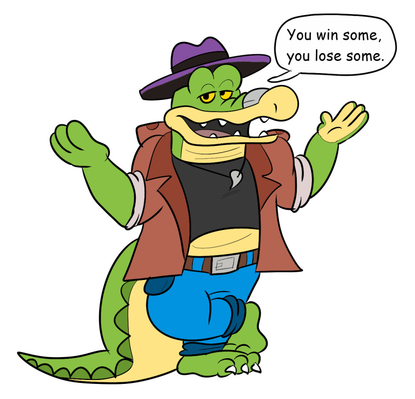 2022 3_toes 4_fingers alligator alligatorid anthro bottomwear brok_(character) brok_the_investigator clothing crocodilian english_text feet fingers green_body hat headgear headwear hi_res humanoid_hands jolly_the_lizard jollyville pants reptile scalie shirt solo text toes topwear video_games
